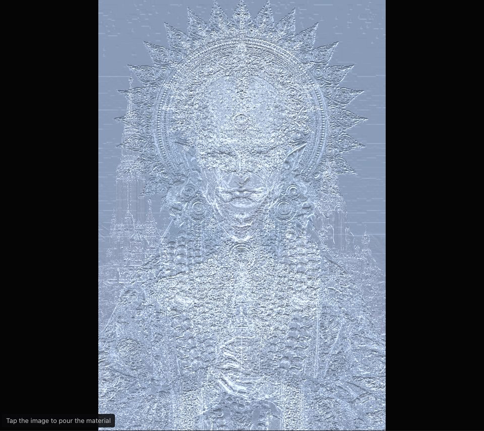 The haloed figure as pale, polished silver relief, with the spires of the second picture showing faintly through the metal