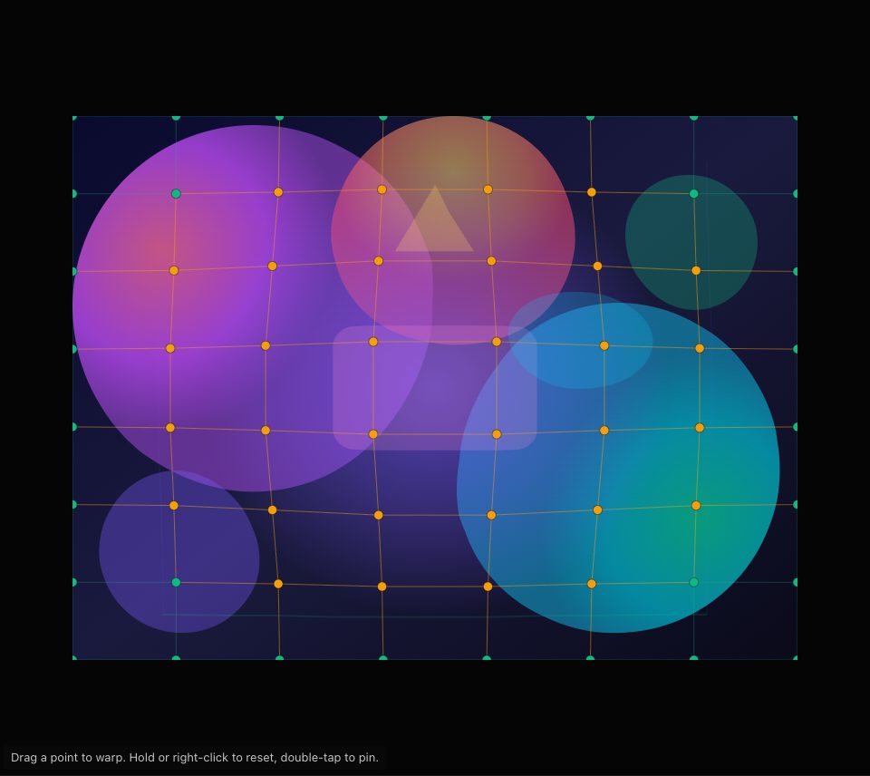 A dark picture of soft pink, blue and gold circles, swollen in the middle, under a bent grid of green and amber points