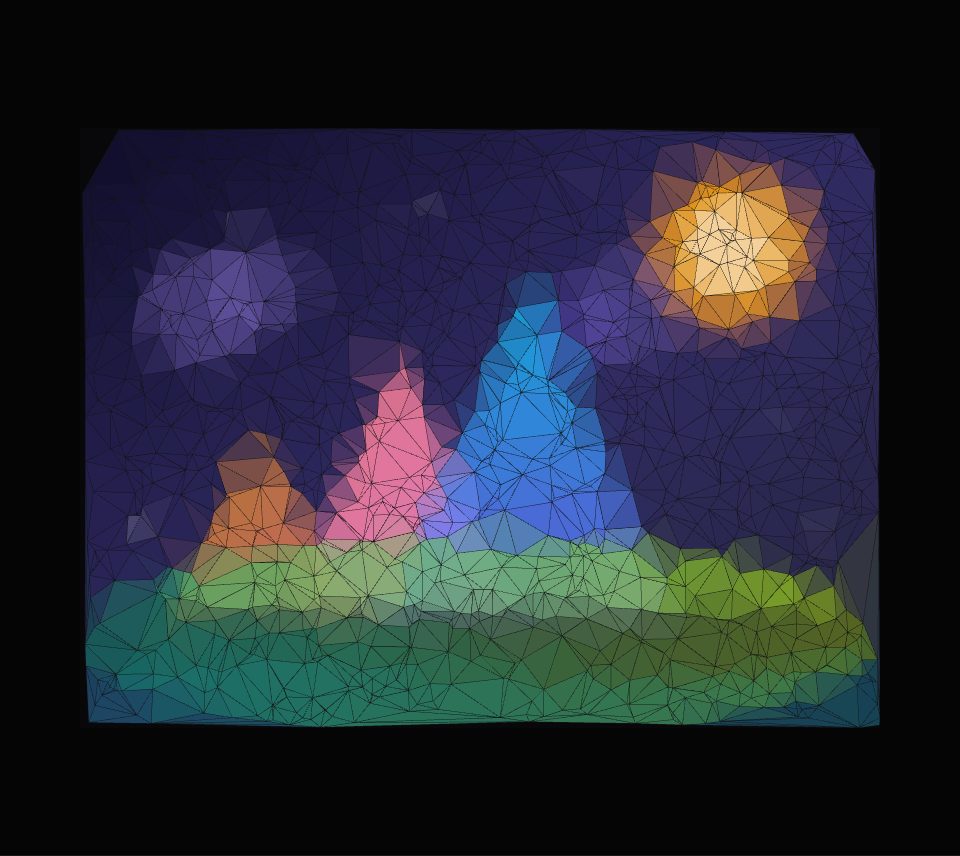 The sample picture of pink, blue and orange peaks under a gold sun, broken into flat-coloured triangles outlined in thin dark lines