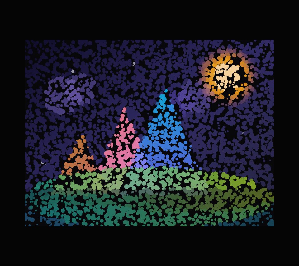The sample picture made of thousands of overlapping coloured dots, small along the peaks and the sun, larger in the sky