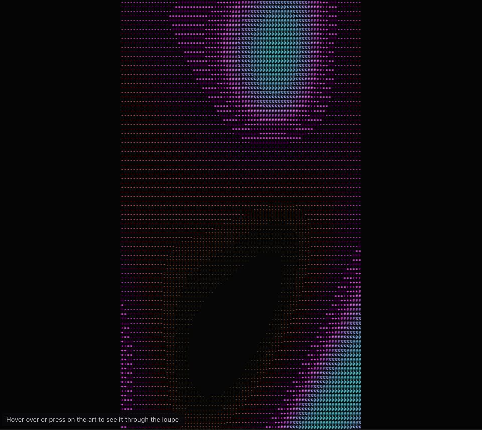 Flowing bands of pink, violet and gold drawn in small text characters on black