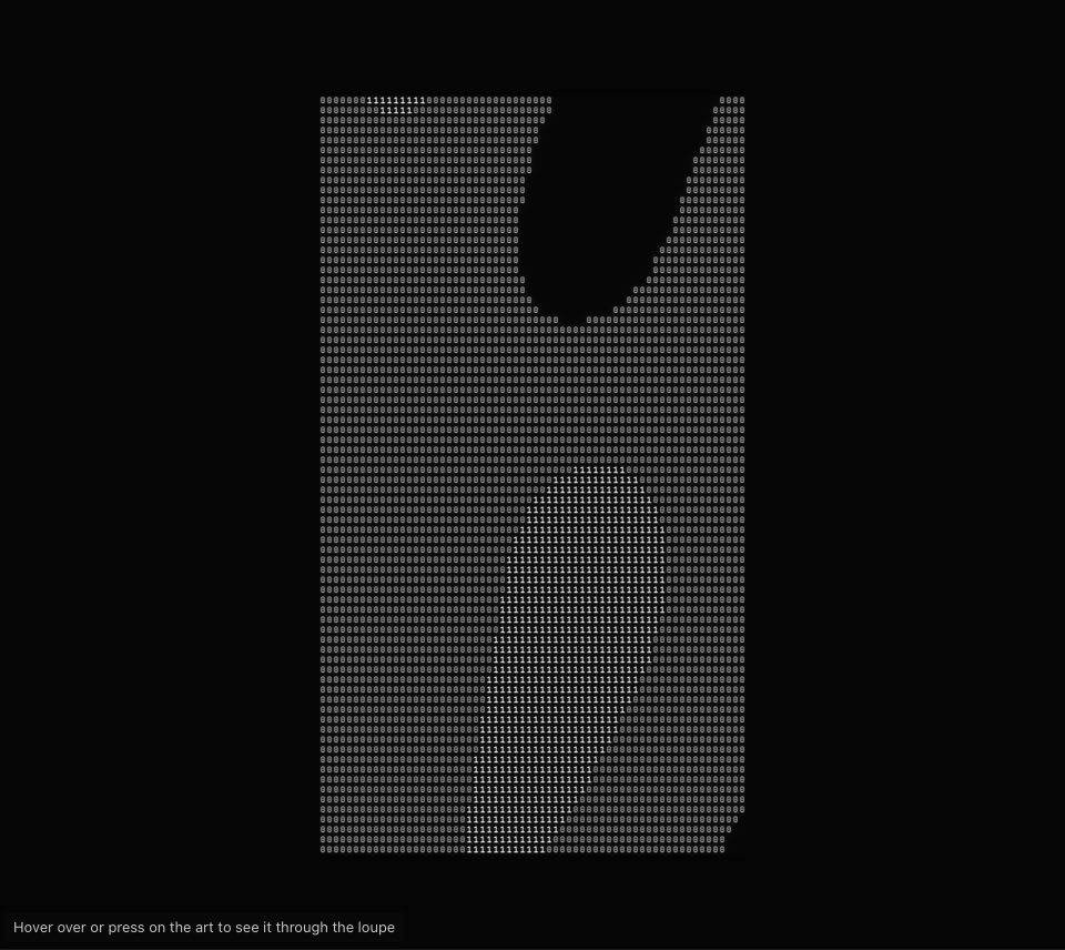 Grey zeros filling a tall panel, with a curved blank gap near the top and a band of white ones below