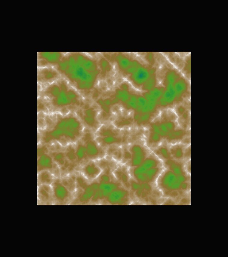 A noise map coloured like land: brown earth, green patches and thin white ridges