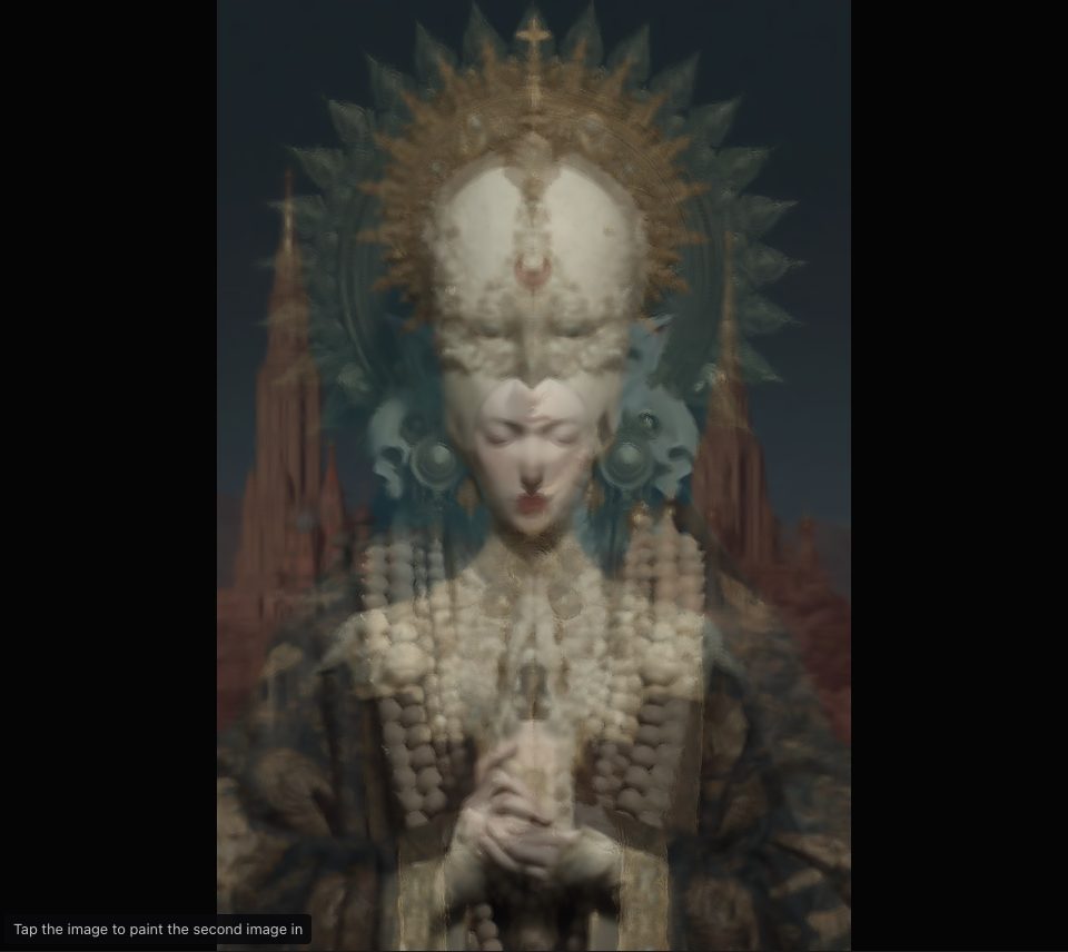 A gold-haloed figure and a pearl-crowned figure before spires, blended half and half and softened into small flat daubs