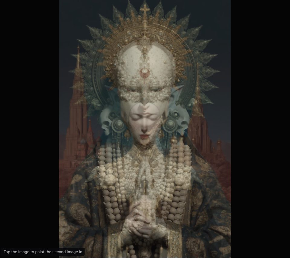 A gold-haloed figure in a patterned robe with a pearl-crowned figure showing through, both lightly softened