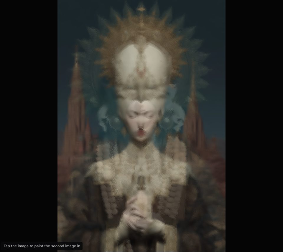 A pearl-crowned figure over a gold-haloed one, both smoothed into broad flat patches with the fine detail gone