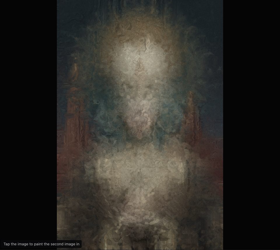 Two ornate figures merged into a dim, smoky swirl of combed streaks, with only a pale face and a halo still readable