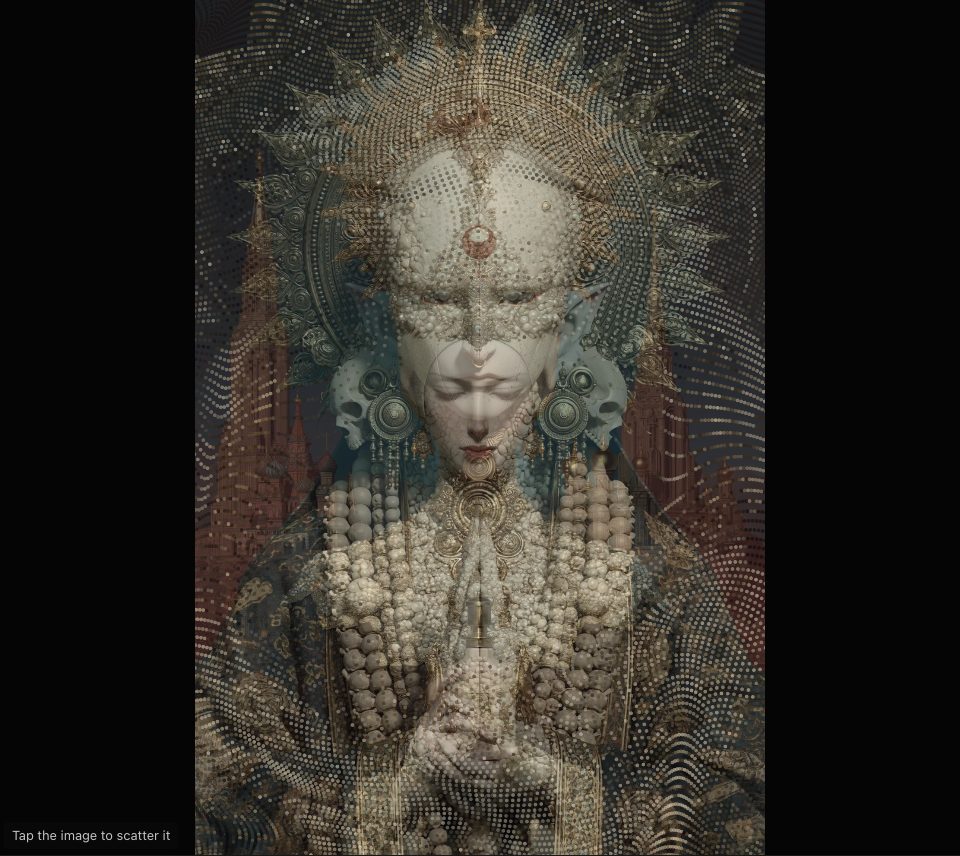 A pale, crowned figure with folded hands breaking into fine dots over a second figure before red spires