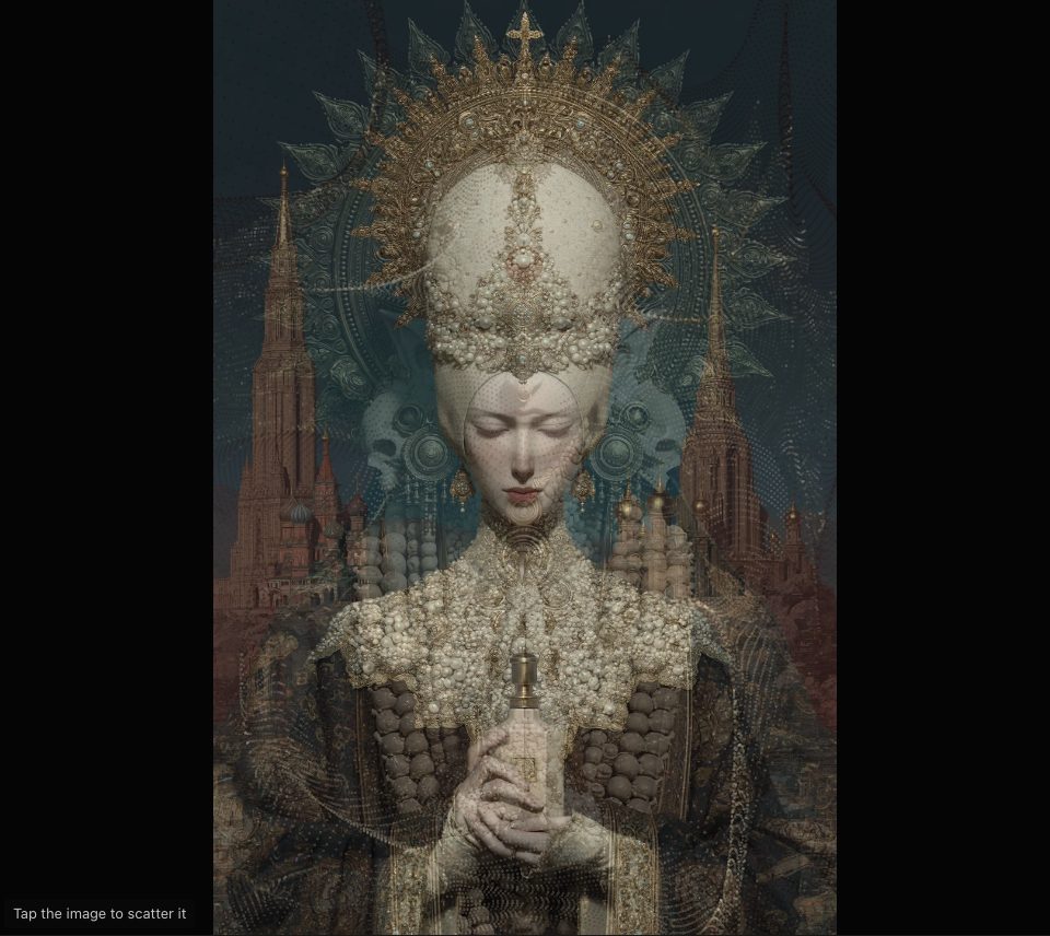 A crowned woman holding a small bottle, with a faint haze of fine swirling dots from the first picture over her