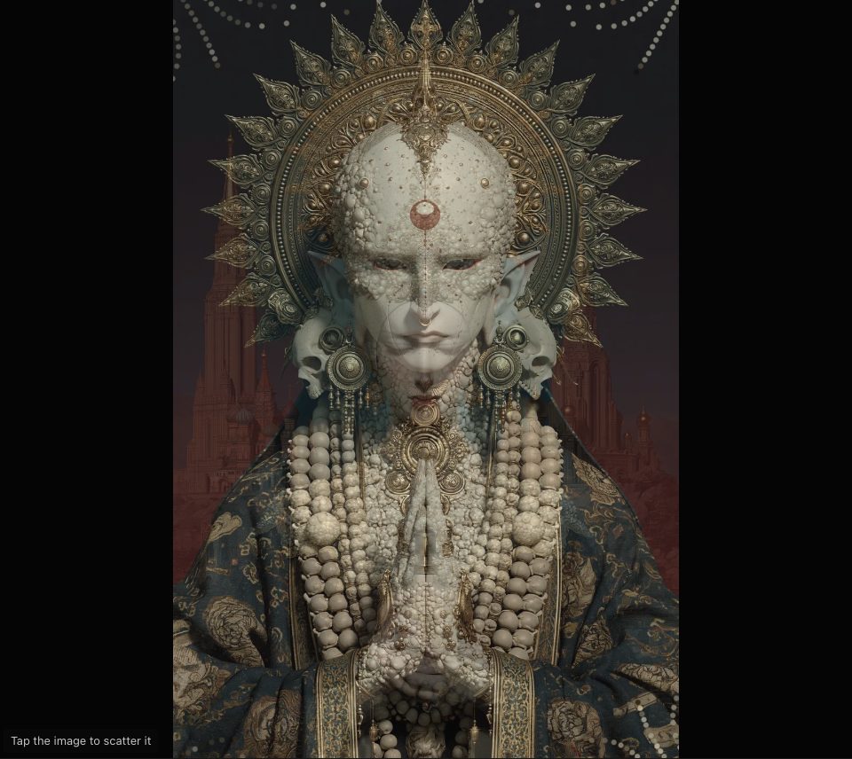 A pale, crowned figure with folded hands, rings of large dots flying outward at the top of the frame