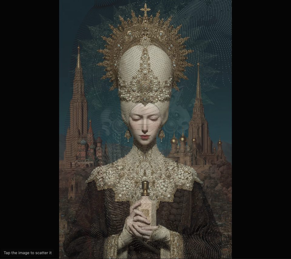 Fine dots of the first picture streaming to the right over a crowned woman before red spires, the left edge already clear