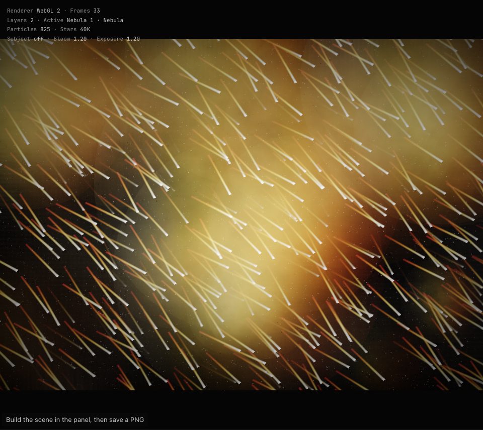 Orange and yellow streaks falling diagonally through soft orange clouds over a dense star field