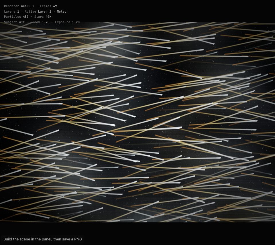 Hundreds of long white-to-orange streaks whose tails bend behind them, over a star field