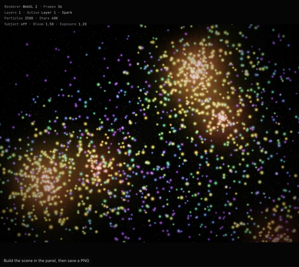 Bursts of red, orange, yellow, green and blue sparks arcing down over a star field
