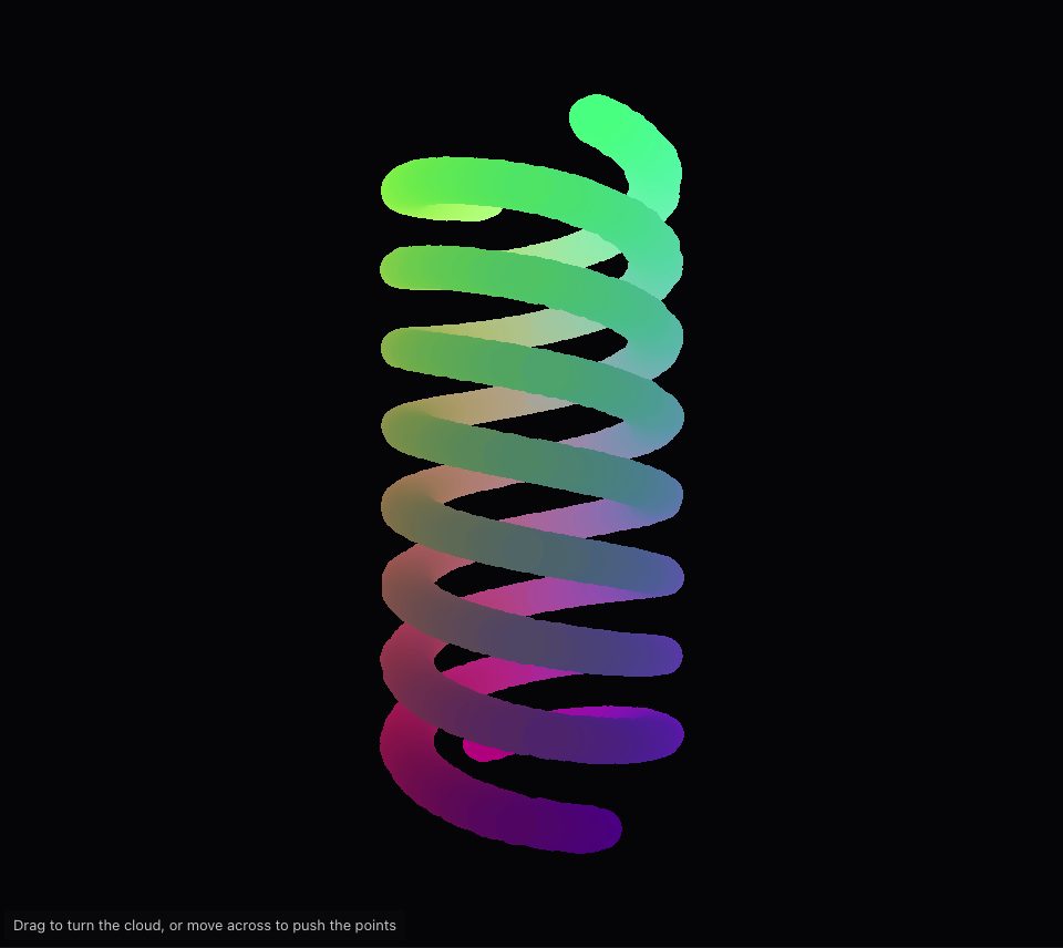 Two thick strands wound into a spiral, fading from purple at the bottom to pale green at the top, on a dark ground