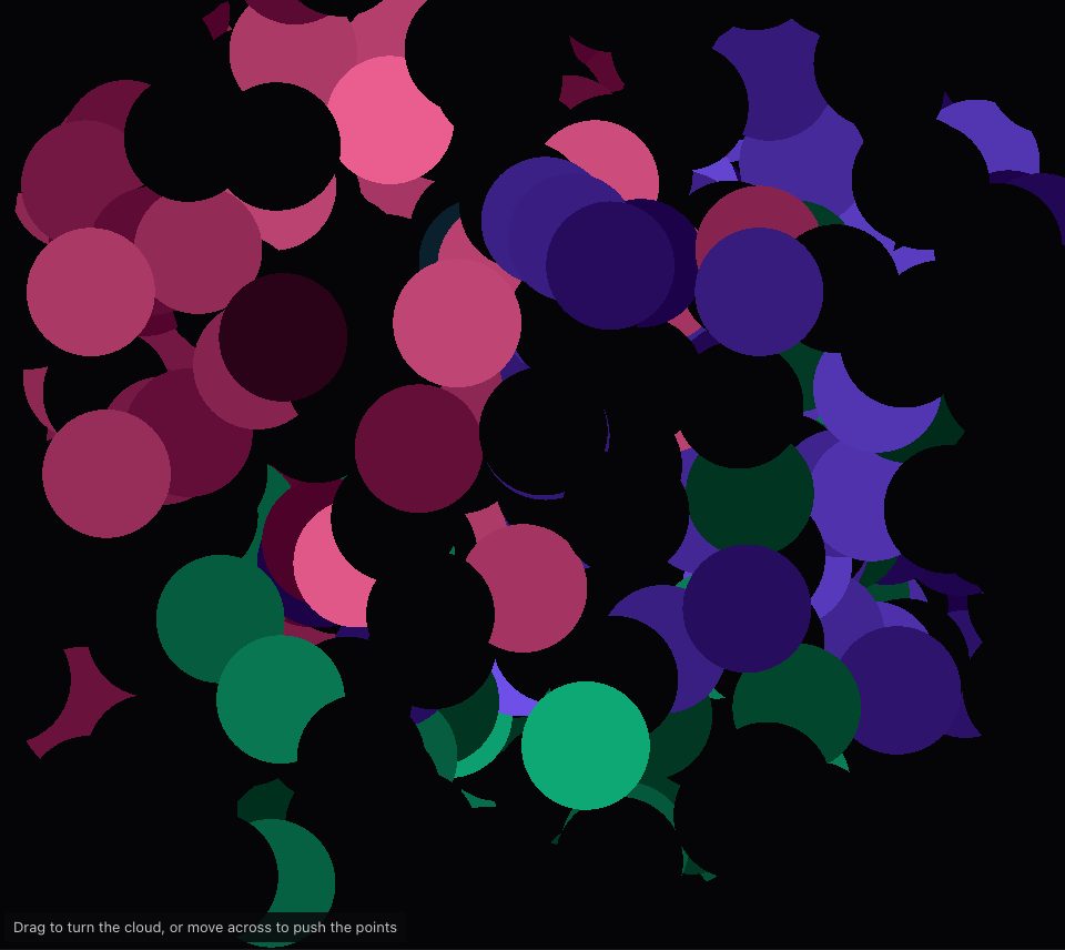 Pink, violet, green and near-black discs of many sizes scattered across a dark frame