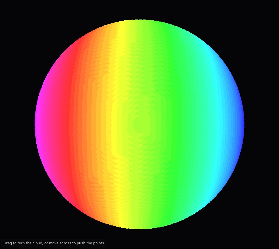 A smooth ball in upright bands of rainbow colour on a dark ground