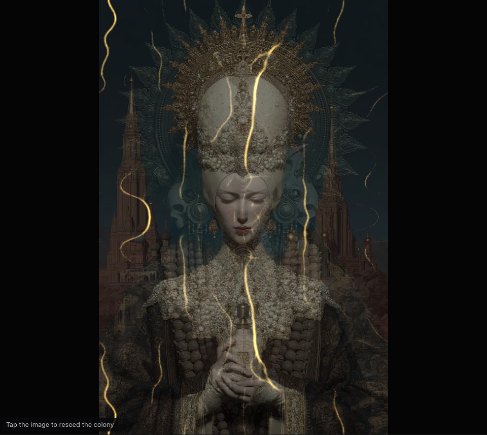 A few thin, wavy gold threads over a pearl-crowned figure before dark spires, with the spiked halo of a second figure showing faintly behind it