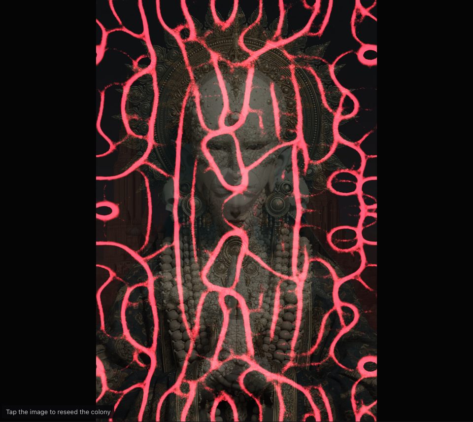 Looping red threads over a pale, pearl-draped figure with a spiked halo, a pearl-crowned figure beginning to show through