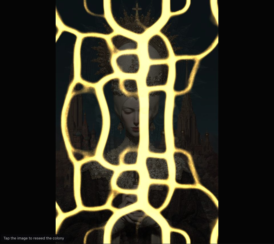 Thick, glowing yellow-gold trunks over a darkened, pearl-crowned figure, the spiked halo of a second figure faint behind it