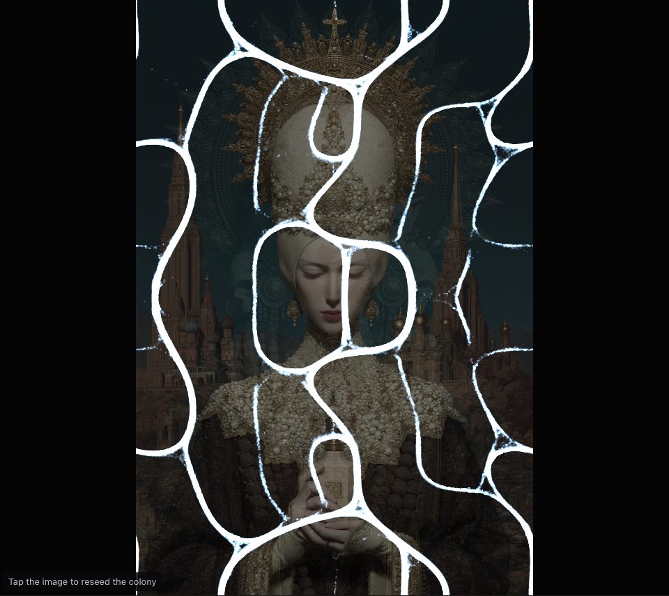 Thin white threads with pale blue edges winding over a pearl-crowned figure before spires, a faint spiked halo left from the first picture