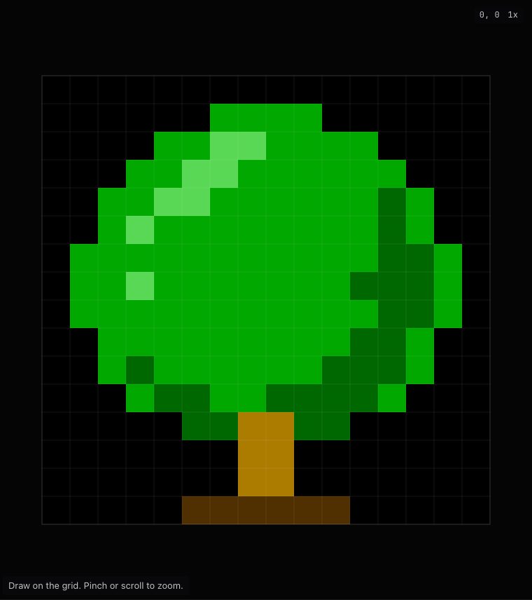 The pixel-art tree on a black square, with faint grid lines over every square