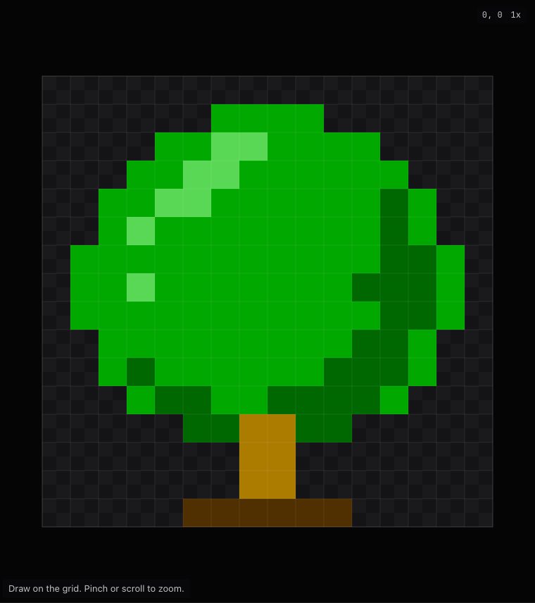 The pixel-art tree on its dark checkerboard with faint grid lines, as the tool opens