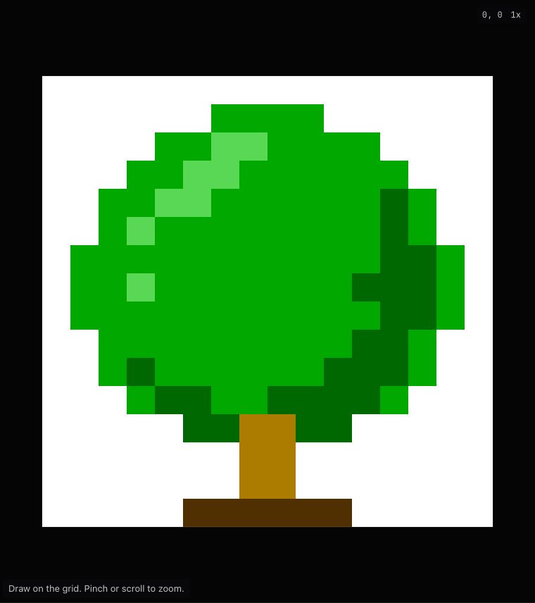 The pixel-art tree as blocks of green and brown on a white square, with no lines between the squares