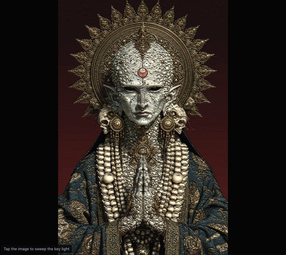 The same jewelled figure lit from below with bright, tight, metal-coloured glints on the face, pearls and halo