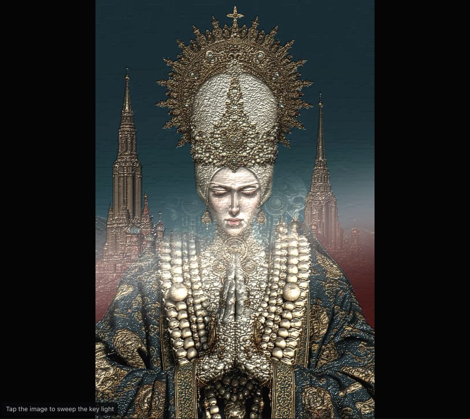 A crowned woman before tall spires in the upper half, the jewelled figure's pearls and robe in the lower half, a pale band of light between them
