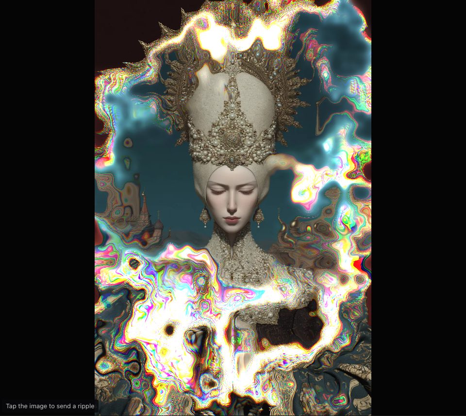 A pearl-crowned figure before dark spires, ringed by a bright, rippling band with rainbow edges, the first picture's patterned robe still at the corners