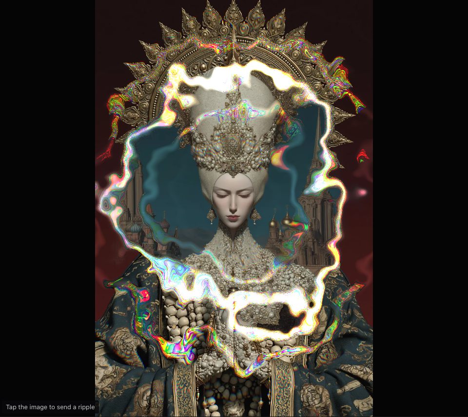 A thin, bright, rainbow-fringed ring across a gold-haloed figure, with a pearl-crowned figure before spires showing inside it