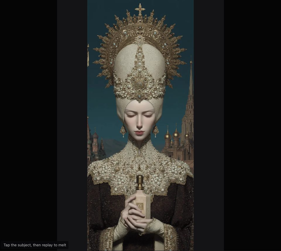 A pearl-crowned figure before spires, narrowed between dark sides, the figure whole and the spires at its edges thinned