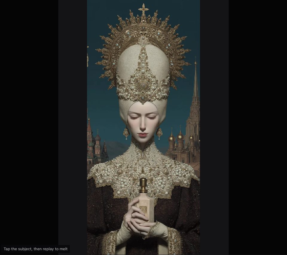 A pearl-crowned figure somewhat narrowed, with a spire and domes still standing on each side