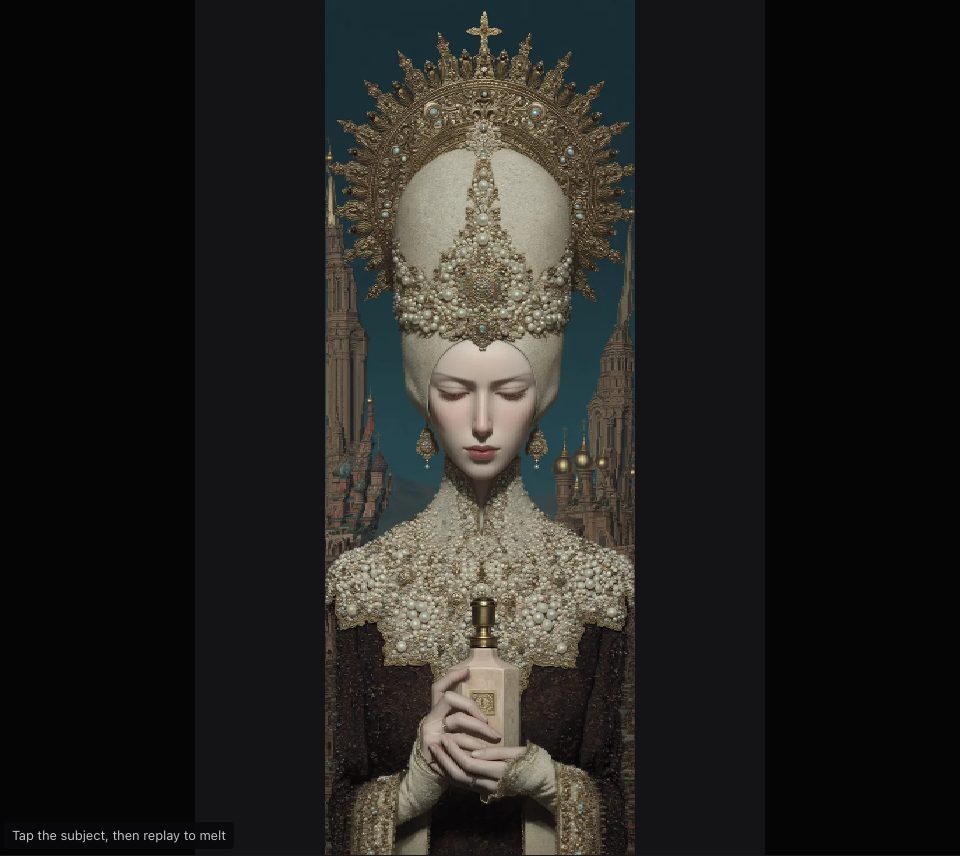 A pearl-crowned figure squeezed to a narrow strip, the spires beside it crushed to thin slivers at its edges