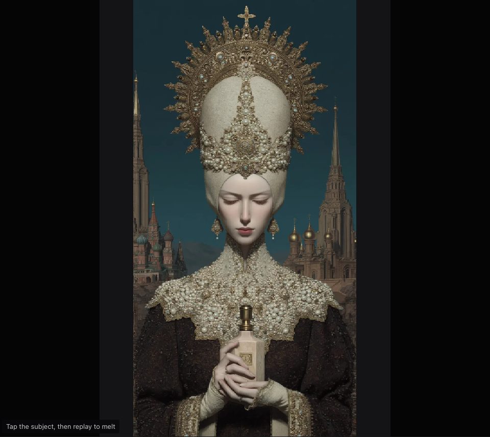 A pearl-crowned figure almost back to full width, a tall spire returning on the left beside the domes