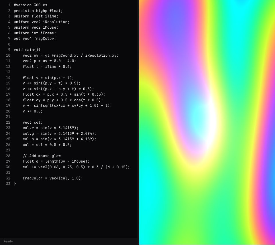 A shader code box with line numbers on the left, and on the right soft bands of pink, violet, cyan, yellow and green, lighter in the middle