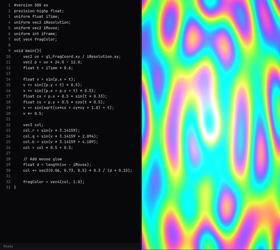 The Plasma code with line 11 changed, beside finer, tighter bands of pink, violet, cyan, yellow and green