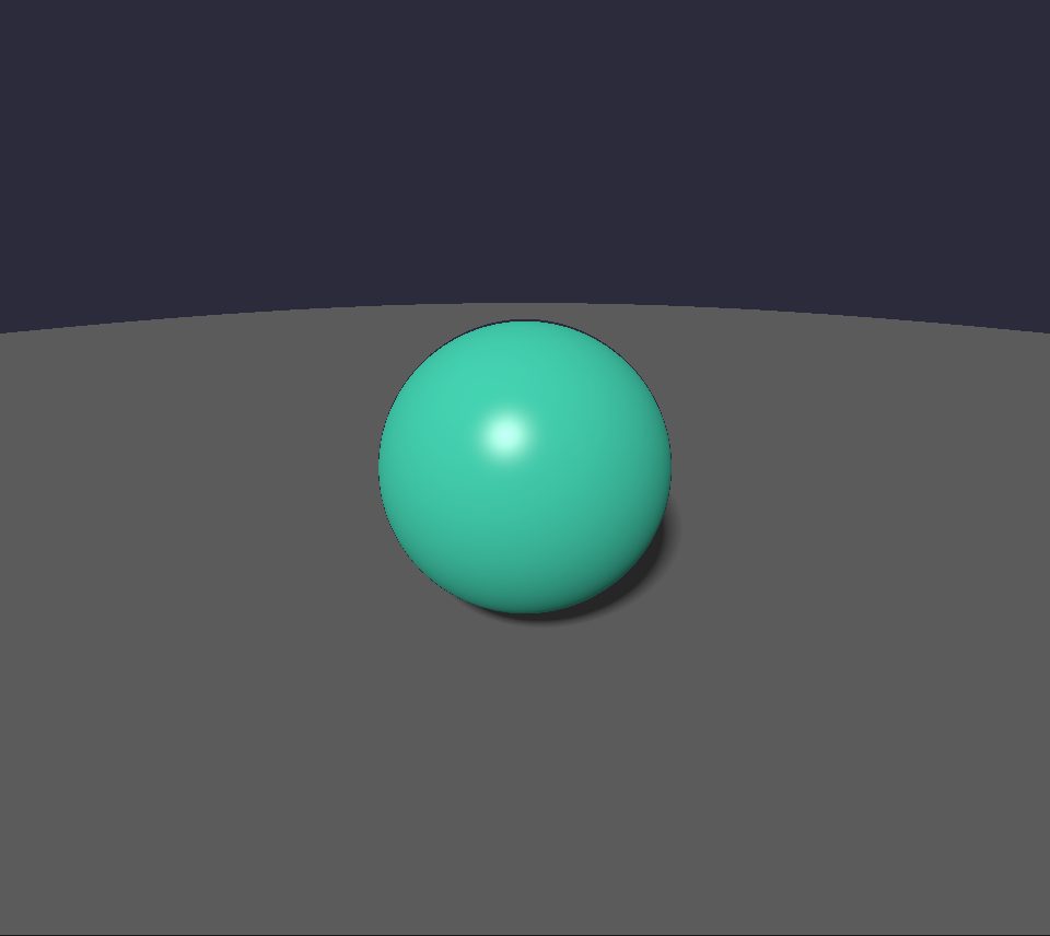 A mint-green sphere with a white highlight on a flat grey floor under a dark slate sky, with a soft shadow at its lower right