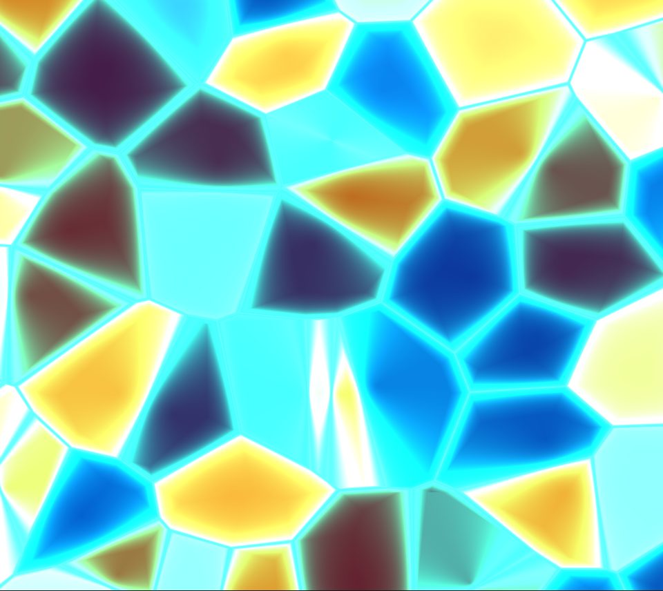 Cells in blue, gold, brown and deep red, split by bright glowing cyan edges