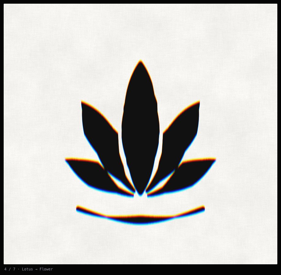 A hand-drawn lotus a third of the way into a flower, black on a cream paper ground, a thin red and blue fringe along its moving edges