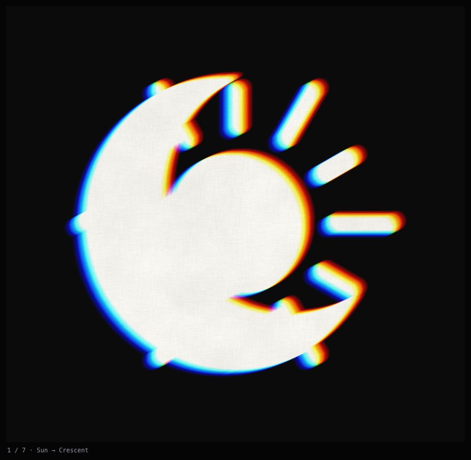 A cream sun and crescent pooled together into one shape on a black ground, a fringe of red and blue at the edges