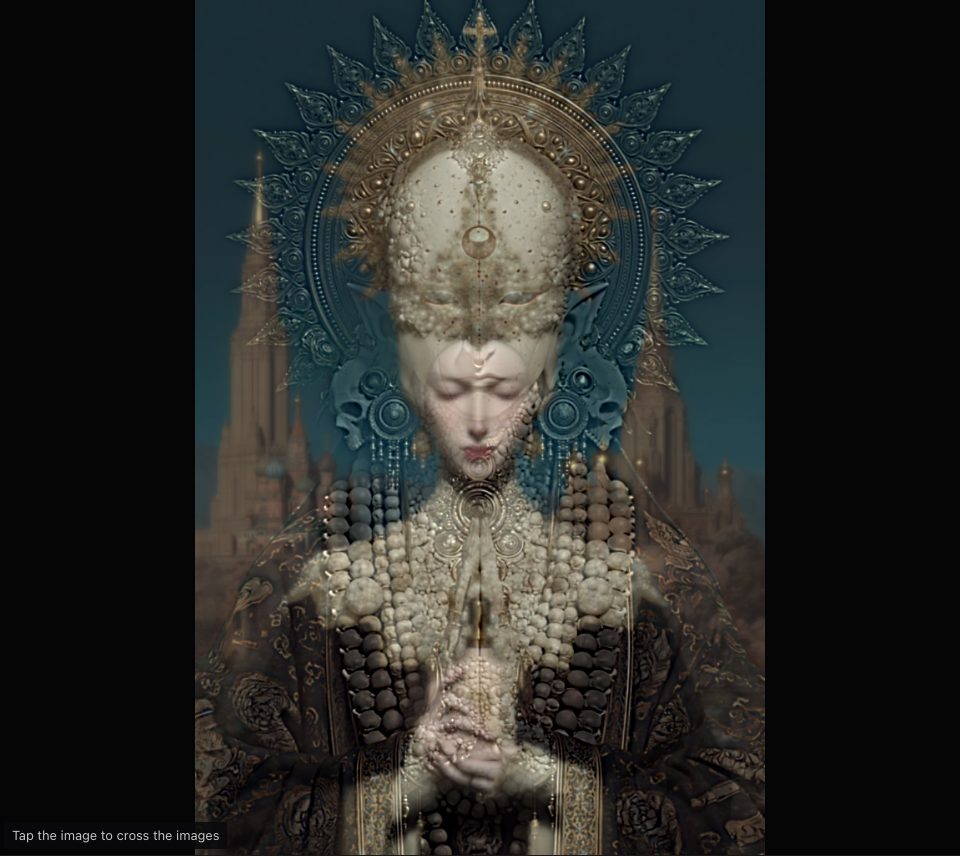 A pale, pearl-crowned face and far spires forming inside a blue filigree halo, with strings of beads and praying hands still sharp from the first picture