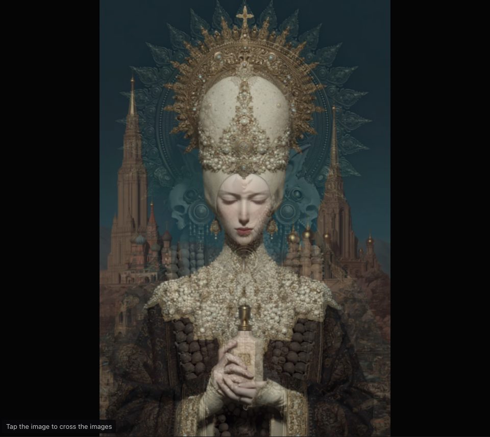 Two pictures blended almost evenly: a pearl-crowned woman before spires, with a faint blue halo and bead strings over her