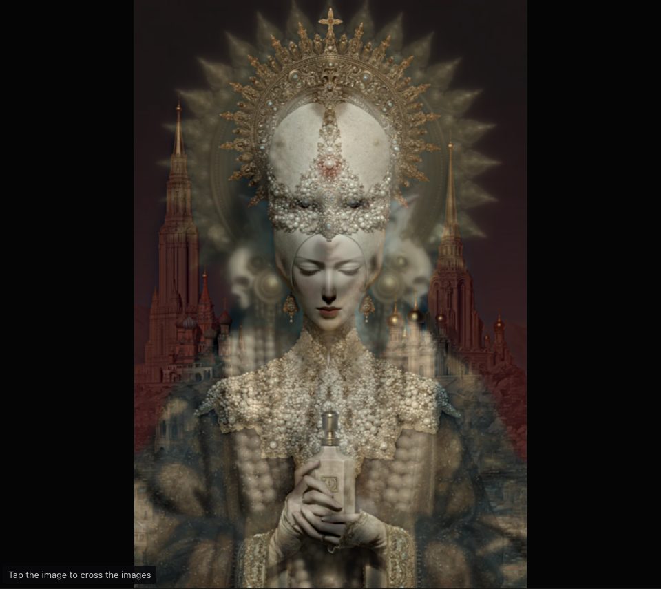 A sharp pearl-crowned woman holding a small bottle before red spires, with the soft shapes of skulls and bead strings from the first picture behind her