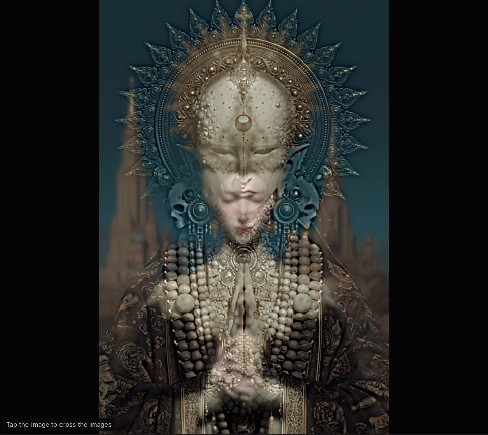 A sharp blue filigree halo, bead strings and praying hands, with the blurred face and spires of the second picture showing through