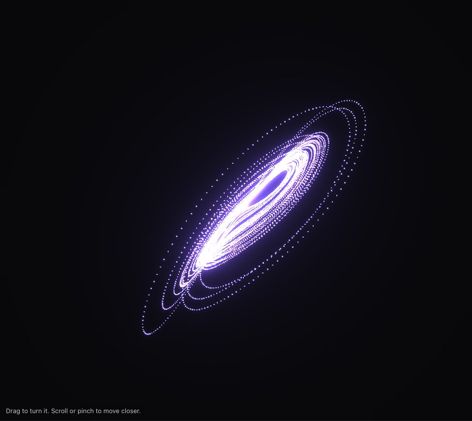 A long, thin diagonal shape of stacked violet loops of dots on a dark ground
