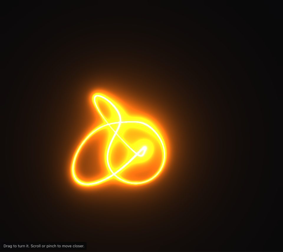 One glowing yellow-white line that loops three times around a centre, wrapped in an orange haze, on a dark ground