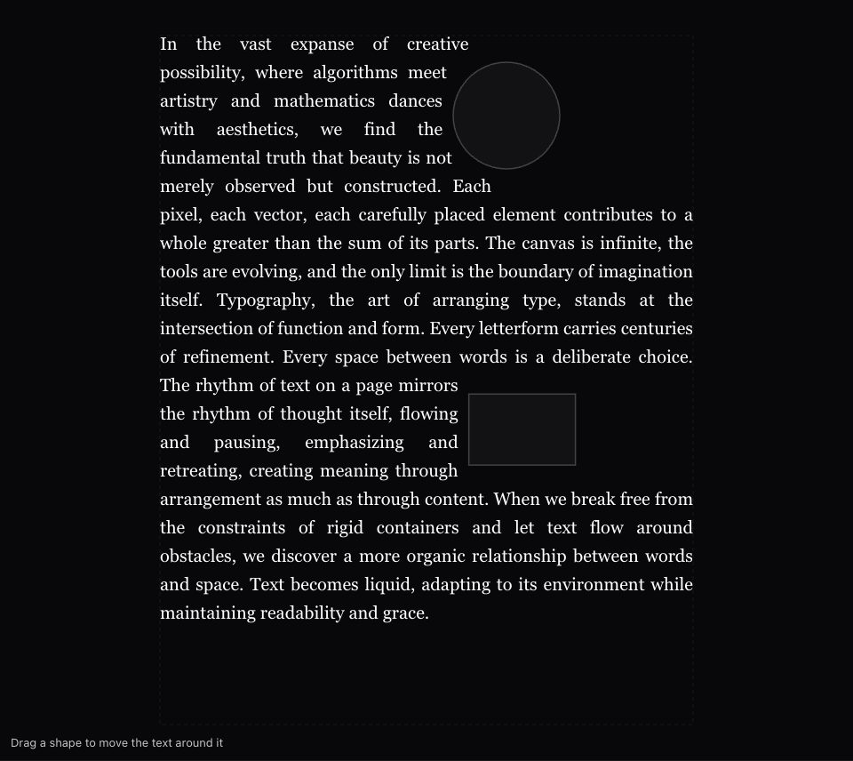 White justified serif paragraphs in one column, parting around a circle and a rectangle on a dark frame