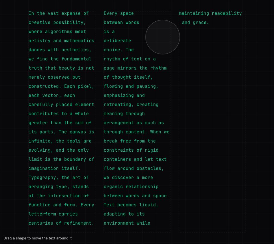 Three columns of green monospace text over a faint grid, the second full to the bottom around a circle and the third holding the last two lines